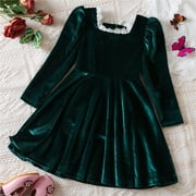 Toddler Girl Christmas Dress Baby Girl Dress Velour Dress Square Neck Lace Trim Girl Long Sleeve Dress Toddler Dress (Green, 2 Years)